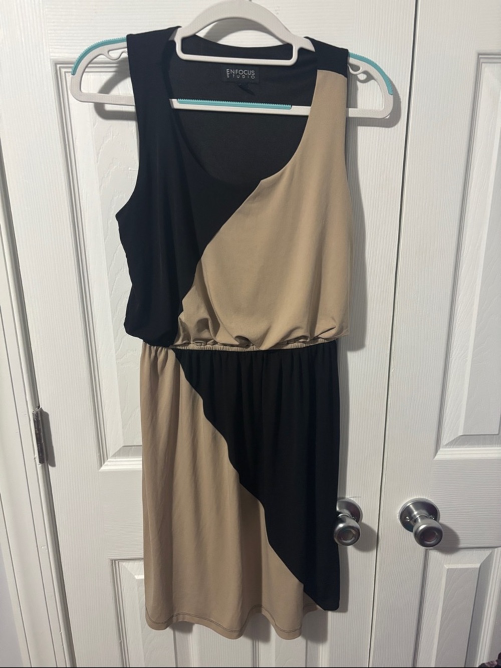 Enfocus Studio Two-Tone Black and Tan Diagonal Midi Dress